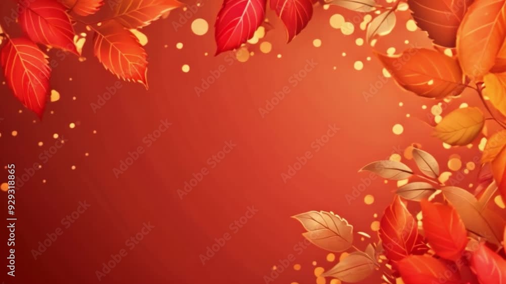 Poster a close-up of a golden autumn leaves frame against a red background with bokeh effect.