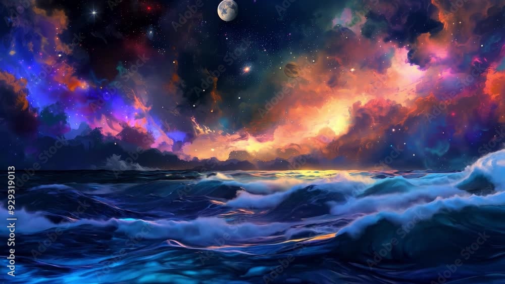 Poster swirling clouds of color fill the sky as a moonlit ocean reflects the celestial display in an enchan