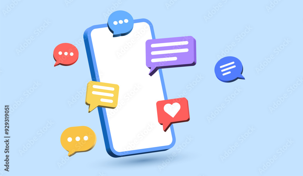 Poster mobile phone with chat message speech bubble icon. social media and social network online communicat