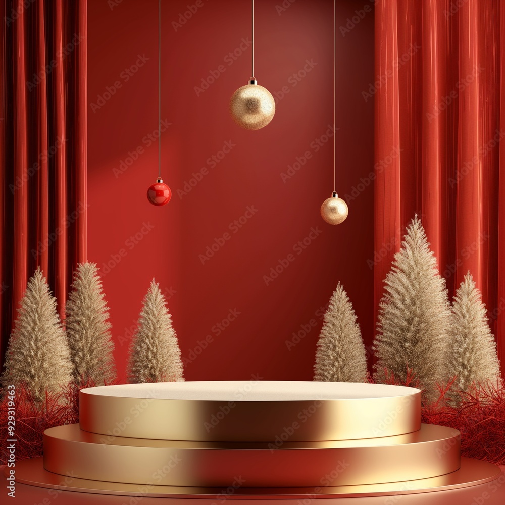 Aufkleber glamorous holiday scene empty red and golden podium with trees 3d christmas background for product s