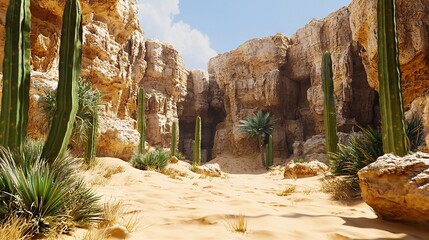   A picture of a desert with cacti, rocks lining the road, and bushes on the opposite side