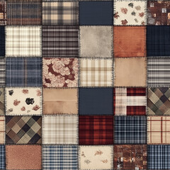 Seamless pattern with a patchwork of squares featuring various plaid, floral, and fabric textures. Rustic, cozy design evoking a warm, handcrafted, traditional feel.