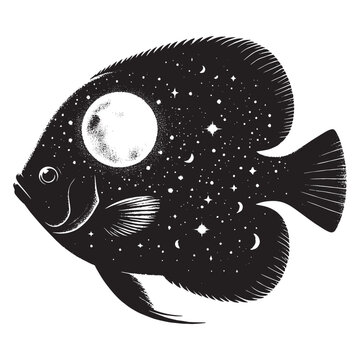 recommend clip art: silhouette of Sunfish filled with nature night view in rough drawing
