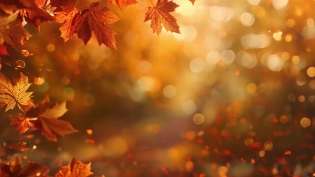 Golden autumn leaves falling against a blurred background of bokeh lights.