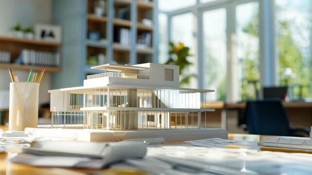 A detailed architectural model of a house sits on a designers desk surrounded by sketches and materials in a bright, modern workspace