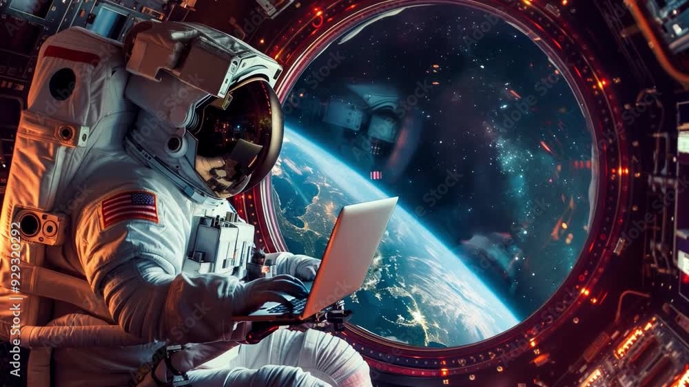 Poster an astronaut uses a laptop inside a space habitat, with earth visible through a large window and dis