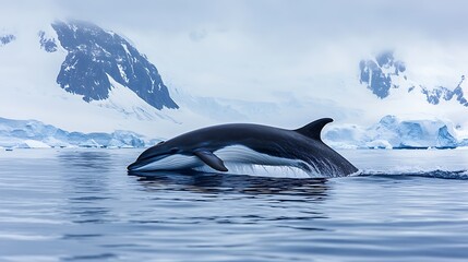 Obraz premium Black and white whale breaching in icy waters.