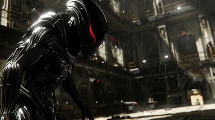 A terrifying alien creature with red glowing eyes inside a huge spaceship.