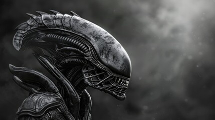A creepy humanoid alien creature with a skull-like head surrounded by dark, eerie fog, creating a terrifying sci-fi horror scene.