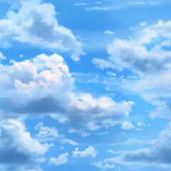 Fototapeta premium Soft, fluffy white clouds float against a clear blue sky in this peaceful and airy seamless pattern, evoking a sense of calm and serenity.