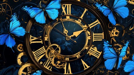 Blue butterflies fly around a vintage clock face with Roman numerals, gold gears, and a dark background.