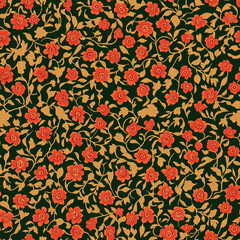 Elegant seamless pattern with red roses and golden leaves on a dark green background. The intricate design is filled with small flowers and twisting vines.