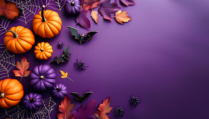 halloween background purple hues pumpkins bats spiders autumn leaves space text