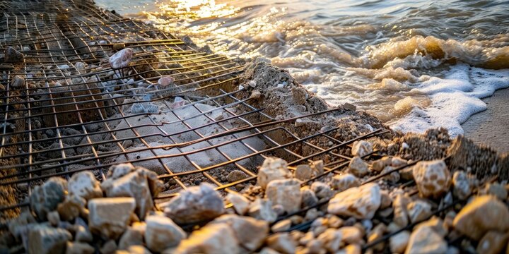 Landslide protection with crushed stone gravel and stone landscape elements in a metal grid for erosion prevention from floodwaters and sea waves Coastline reinforcement