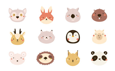 Set of hand drawn animal portraits, clip arts. Vector illustration of beaver, sloth, panda, deer, koala