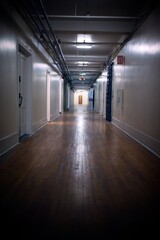 Obraz premium Long Dimly Lit Hallway with Wooden Floors