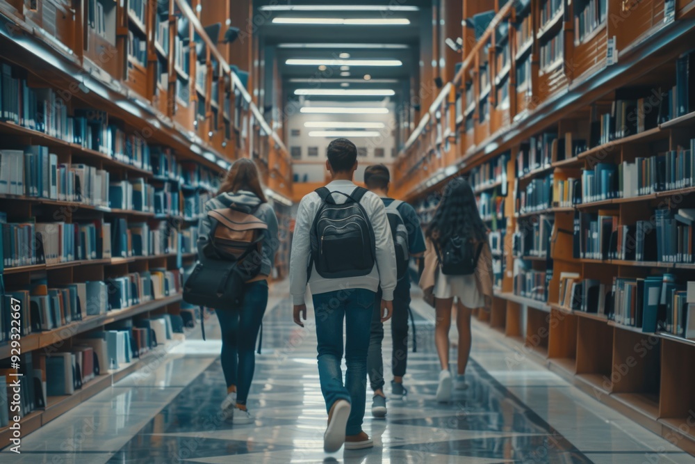 Aufkleber a group of people reading and browsing books in a quiet library
