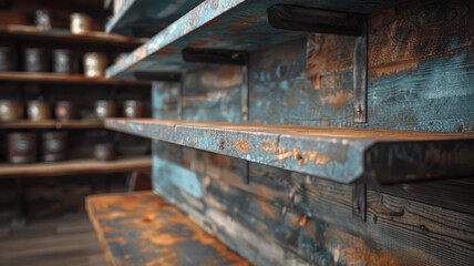 Naklejka premium Vintage empty wooden shelves in a rustic setting.
