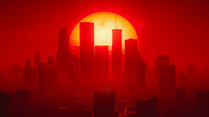 City skyscrapers skyline with a large setting sun and red sky in the background