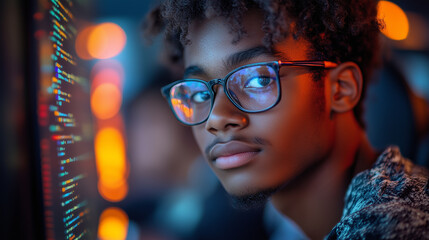 Modern youth attending a coding bootcamp, intensely focused on learning new programming skills.