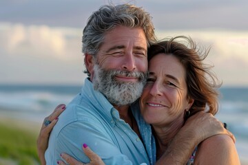 Obraz premium A man and woman are hugging on a beach