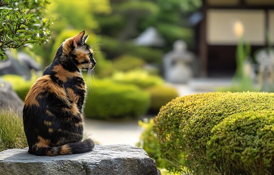 Calico cat sitting on a rock in a Japanese garden. - Powered by Adobe