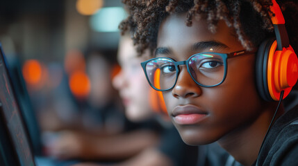Youth participating in a hackathon, coding and collaborating in a dynamic environment filled with tech gadgets.
