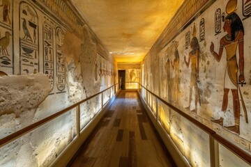 A long hallway with Egyptian paintings on the walls