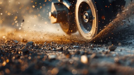 The process of repairing a road with a grinder, construction workers breaking asphalt and concrete pavement at a construction site, during new road work