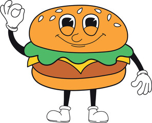 Hamburger mascot in retro cartoon style. Food character