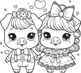 A couple of pig line art coloring book illustration