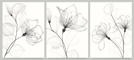 Bilder mit Rahmen Floral art background with flowers and leaves in transparent watercolor hand drawn style. Set of botanical posters for decor, print, wallpaper, postcard, invitation, cover, interior, packaging