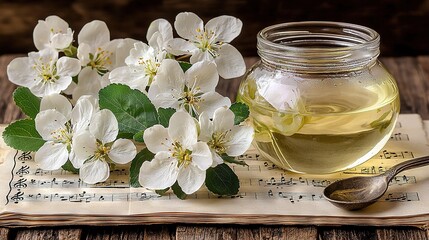 Fototapeta premium A vase holding white blossoms, placed beside a utensil atop sheet music on a wooden slab