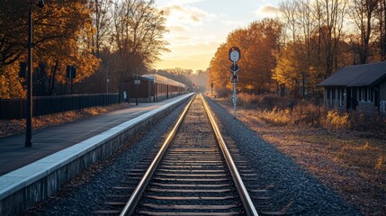 Fototapeta premium Train tracks leading into the distance, framed by autumn trees and the soft light of sunset. Perfect for travel or seasonal projects.