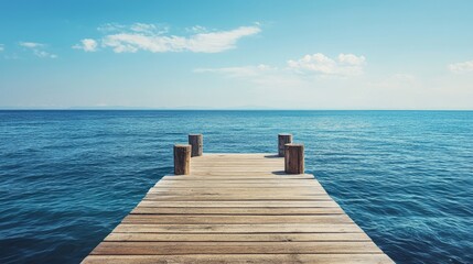Fototapeta premium Wooden pier extending into the calm blue sea under a clear sky on a bright day. Ideal for travel, relaxation, or summer projects.