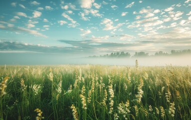 A misty morning field with wild grasses under a soft sunrise. Perfect for nature, landscape, or environmental-themed designs.