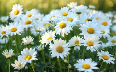 Obraz premium Close-up of white daisies in full bloom on a sunny day. Perfect for floral, nature, or spring-themed designs.