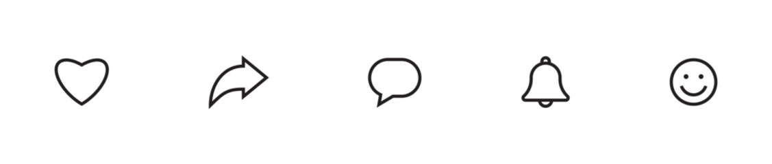 Like, comment, share icon set. social media notification icons , notification bell, smile face emoji and love favorite heart flat icons, post reactions collection set. Vector editable stroke