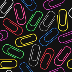 3d paper clips seamless pattern. Colorful bright clips seamless background. Colored paperclip black background. Business or education background. Diversity and creativity concept.