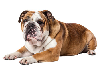 Bulldog isolated on clear white background in HD, showing its strong and sturdy build.