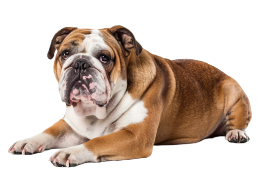 Bulldog isolated on clear white background in HD, showing its strong and sturdy build.