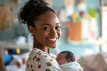 Smiling Young African Woman Holding Newborn Baby in Bright Hospital Room