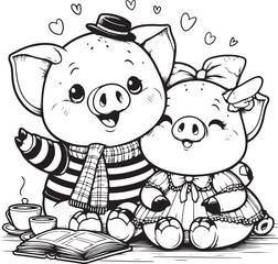 A couple of pig line art coloring book illustration