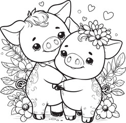 A couple of pig line art coloring book illustration
