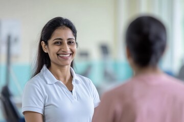Obraz premium Smiling Young South Asian Woman in Professional Attire Engaging in Conversation in a Modern Office Environment