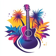 Vibrant Acoustic Guitar Illustration with Tropical Palm Leaves for Music and Lifestyle Branding
