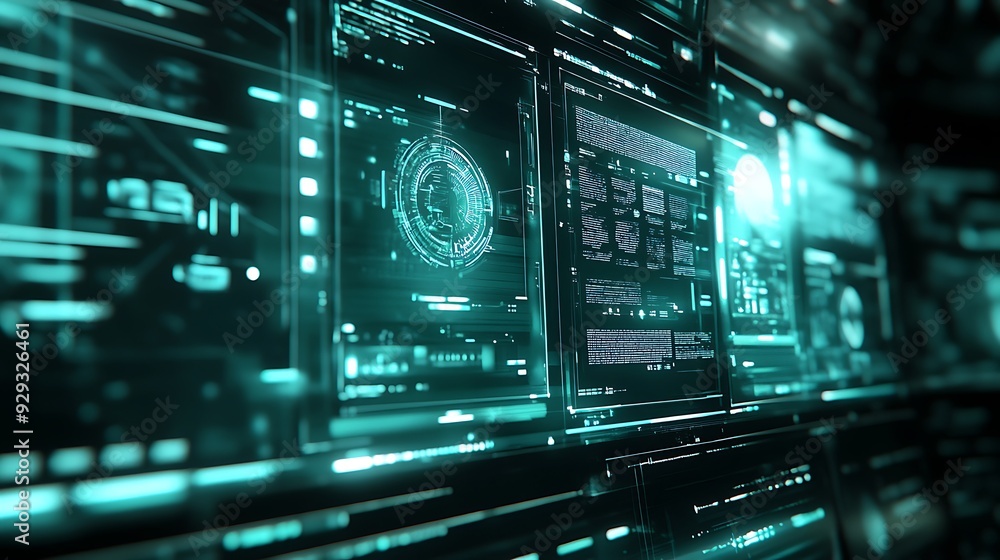 Poster a digital interface displaying holographic screens with hovering data streams