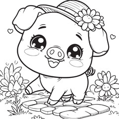 A pig line art coloring book illustration