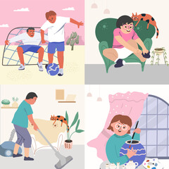 Downs syndrome flat composition set with down day celebrations and variety of skill development fun and education for children and teens vector hand drawn flat illustration.