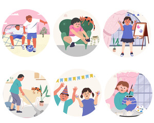 Downs syndrome flat composition set with down day celebrations and variety of skill development fun and education for children and teens vector hand drawn flat illustration.